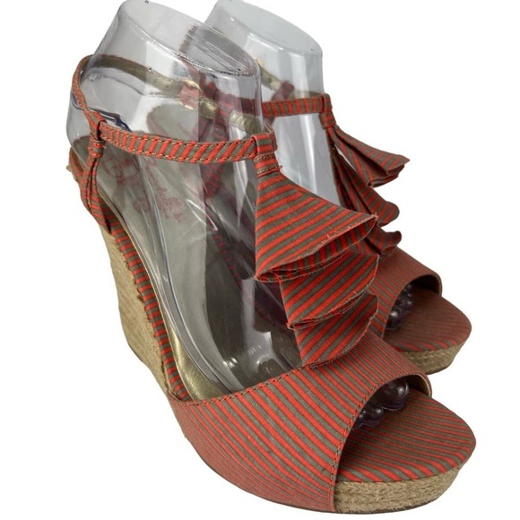 Anthropologie Seychelles Orange Stripe Espadrilles Wedges Sandals Women Size 9 - Picture 1 of 7